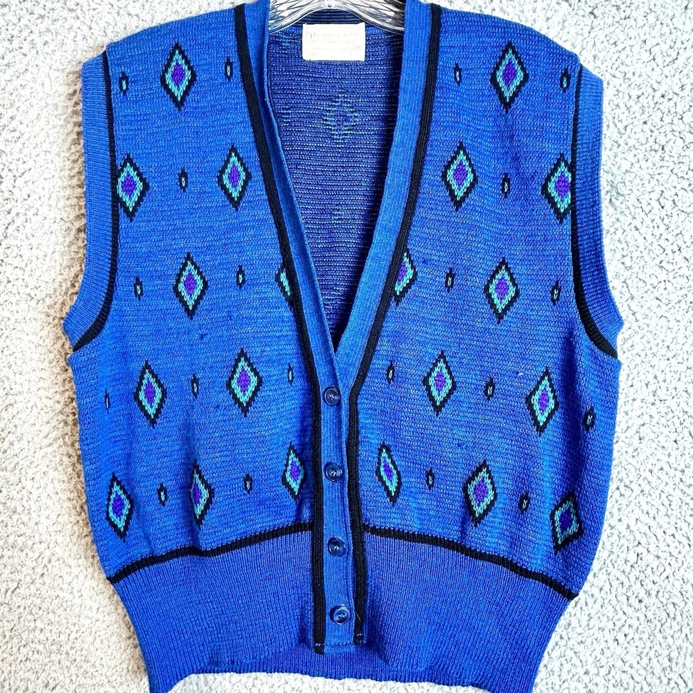 Vintage Pendleton Pure Virgin Wool Diamond Knit Cardigan Sweater Vest 70s Size M